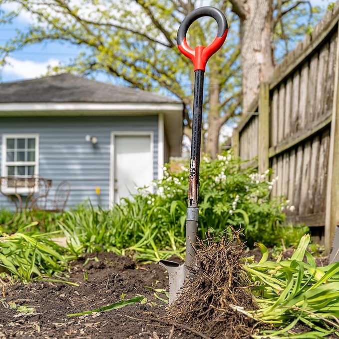 Root Slayer 23311 Perennial Garden Shovel with Serrated Blade for Digging and Root Cutting, Fiberglass Shaft, Heavy Duty Steel Spade, Red