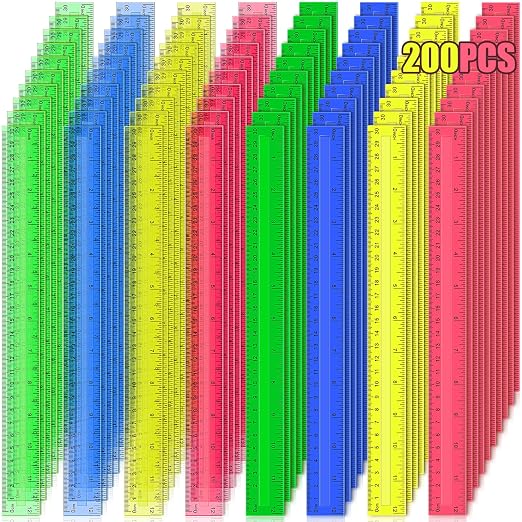 200 Pcs Rulers Bulk, 12 Inch Plastic Assorted Color Clear Rulers with Inches Centimeters Millimeter. Measuring Drawing Tool for Kids, Ideal Back to School Classroom Office Home Supplies