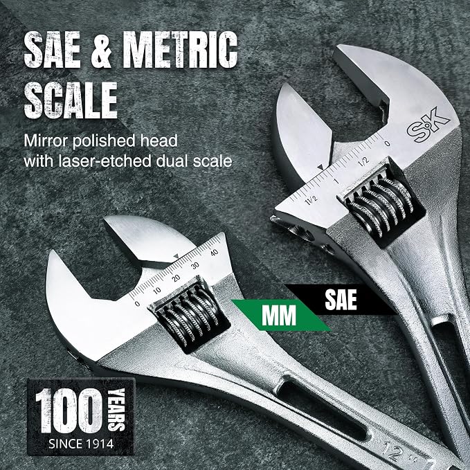 SK 12-Inch Adjustable Wrench, 1-9/16" Jaw Capacity, SAE&Metric Scales | X-Frame Handle, Precision Jaw, Heat Treated CR-V Steel, Chrome-Plated Rust Resistant Finish
