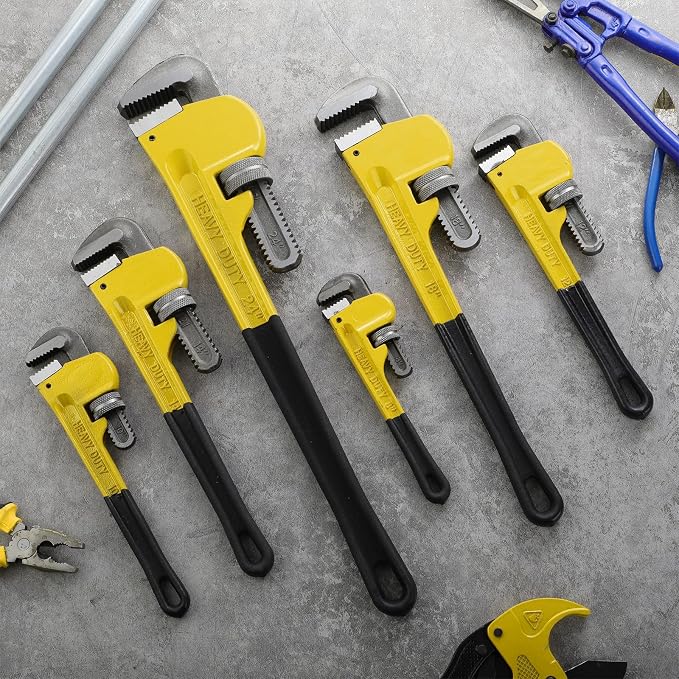 6 Piece Heavy Duty Pipe Wrench Set - 8", 10", 12", 14", 18", 24", Adjustable Chrome Vanadium Steel Plumbing Wrench Set with Soft Handle & Gloves for Plumbers, Pipeline, Auto Repair(Yellow)