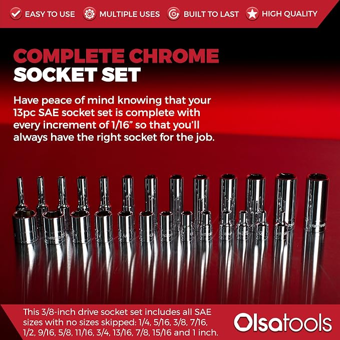 Olsa Tools 3/8-Inch Drive SAE Deep Socket Set - 13pc | 6-Point Chrome Vanadium Sockets, 1/4" to 1", No Skipped Sizes - Professional-Grade SAE Socket Sets - Part: 1333