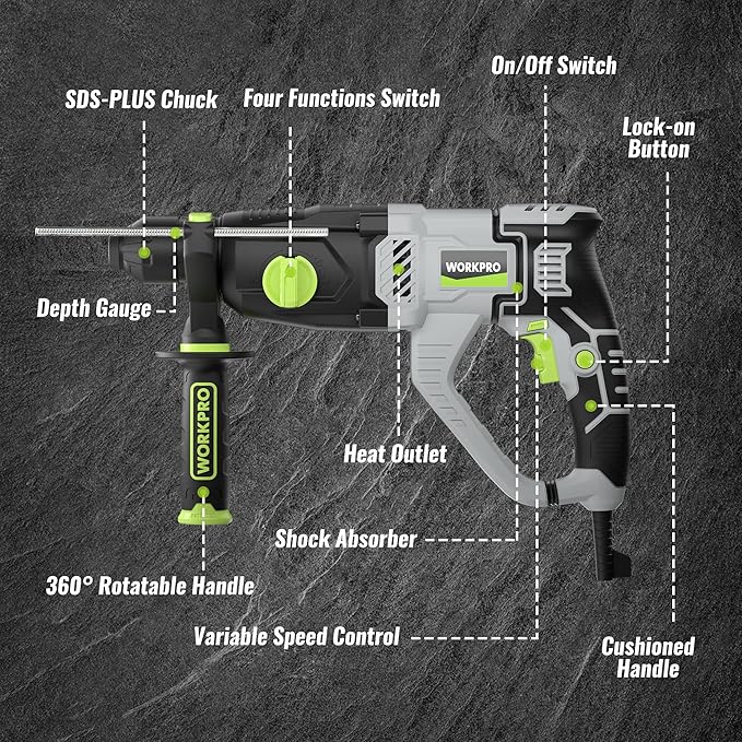 WORKPRO 1-1/4 Inch SDS-Plus Rotary Hammer Drill, 7.5AMP, Lightweight Corded Version for Concrete Demolition Chipping Rotomartillo, 5 SDS-Plus Bits