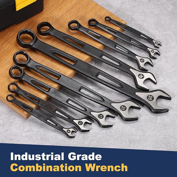 HARFINGTON Combination Wrench 6mm Metric Extra Long 12-Point Box and Open End Carbon Steel Double Ended Industrial Grade Spanner for Automotive Furniture Machinery DIY Repair, Black
