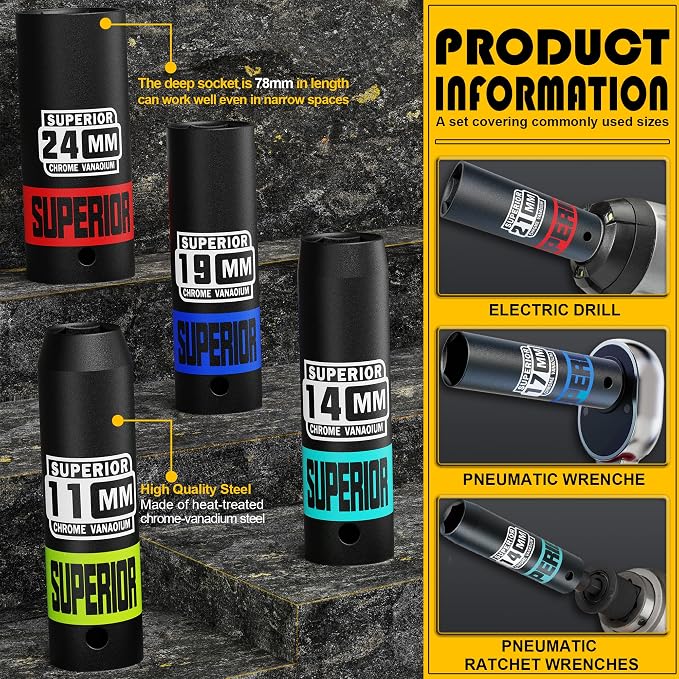14 Piece 1/2" Drive Impact Socket Set, 8 mm - 24 mm Deep Socket, Metric Socket Set With Adapter & Quick-Release Holder, 6 Point, CR-V, Automotive Maintenance, Machinery Manufacturing