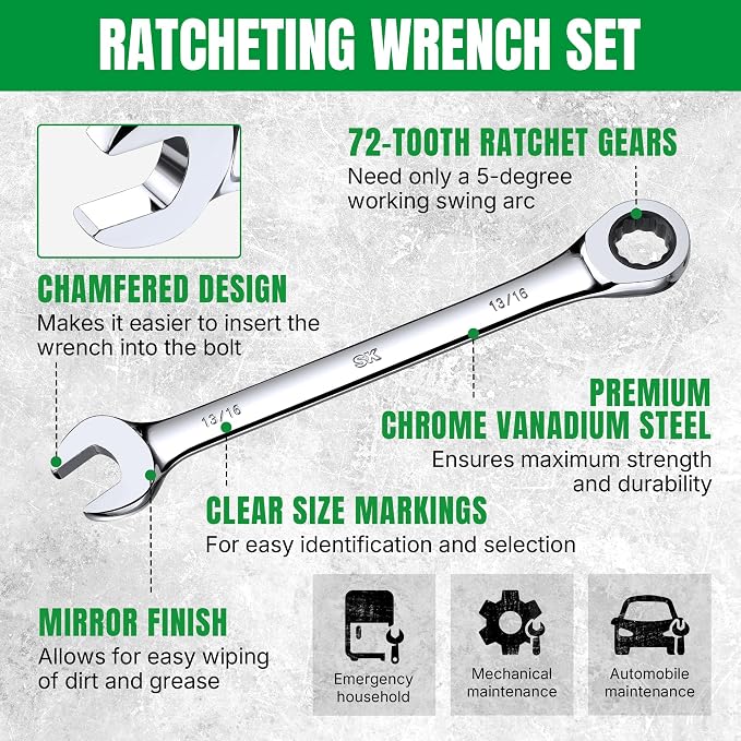 SK Ratchet Wrenches Set, Combination Wrench Set, 13-Piece, SAE 1/4" to 1" | Ratcheting Wrench Set, 72-Tooth, Chamfered Head Design, Premium CR-V Steel, with Rack Organizer