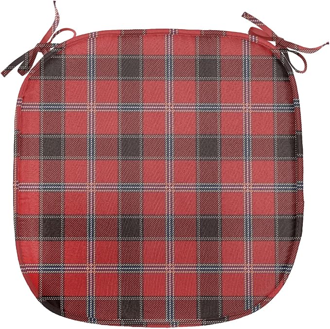 Lunarable Buffalo Plaid Chair Seating Cushion Set of 4, Arrangement with Lumberjack Themes Geometric Concept Pattern Print, Anti-Slip Seat Padding for Kitchen & Patio, 16"x16", Vermilion and Grey