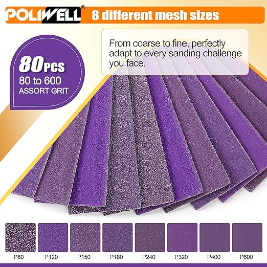 POLIWELL Micro Sand Paper Kit 3.5” x 1” Mini Sanding Block for Small Projects, Detail Handle Sanding Tools Sandpaper 80 to 600 Grit for DIY Crafts Wood Finishing Tight Narrow Spaces Polishing,80 PCS