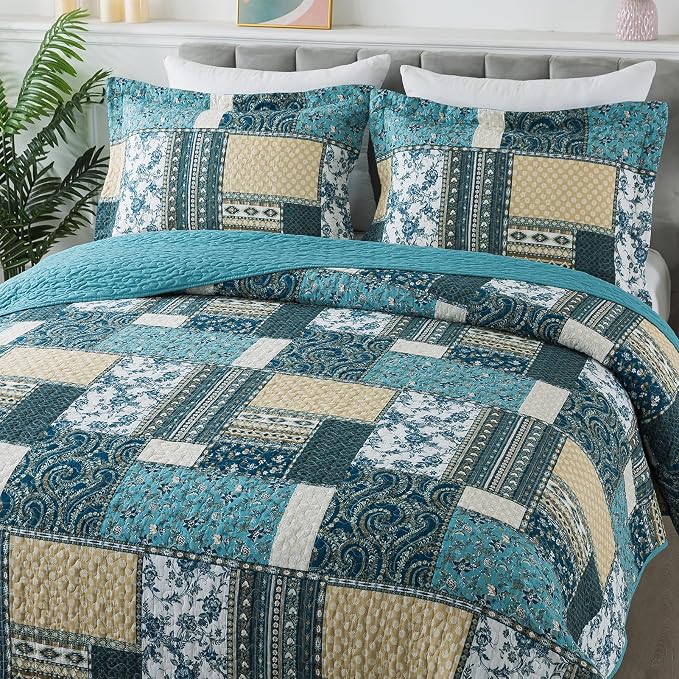 BEDIFANY Cotton Queen Size Quilt Sets, Lightweight Bedspread Queen Size Coverlet Boho Queen Quilt, Soft Farmhouse Queen Quilt Bedding Sets for Bed Decorations for All Seasons (3 Pieces, Blue)