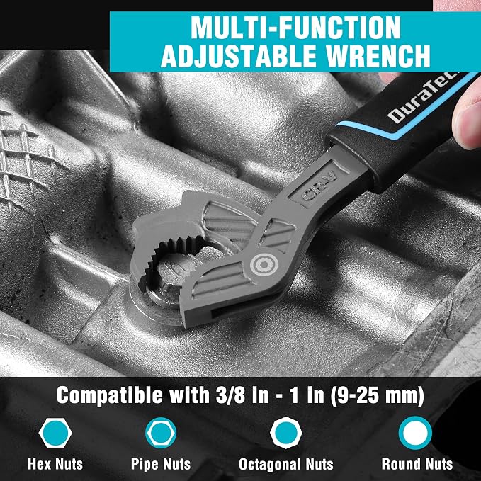 DURATECH 8-Inch Self-Adjusting Wrench, Multifunctional Self-Locking Wrench | Adjustable Size 3/8"-1"(9-25mm), Cr-V Steel, Non-Slip TPR Handle, Versatile Tool For Home Repair, Mechanic and DIY Projects