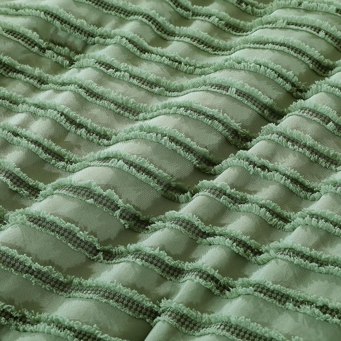 HOMBYS Oversized King Boho Comforter Set 128x120, Sage Green Tufted Jacquard Geometry Bedding Comforter for King Bed, Shabby Chic Bed Sets with 2 Matching Pillow Cases