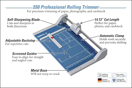 Dahle 550 Professional Rolling Trimmer, 14-1/8" Cut Length, 20 Sheet Capacity, Self-Sharpening, Automatic Clamp, German Engineered Paper Cutter