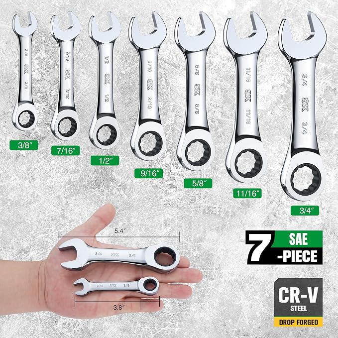 SK Stubby Wrenches Set, Ratchet Wrenches Set, 7-Piece, SAE 3/8" to 3/4" | Stubby Ratchet Wrench Set 72-Tooth, Ratcheting Combination Wrench Set, CR-V Steel, Roll-Up Pouch