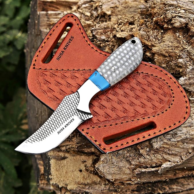 Custom Handmade 7'' fixed blade hoof rasp knife Cow boy knife Turquoise Handle Damascus steel Bull cutter, cowboy knives with pancake leather sheath (WHITE HONEY COMB)