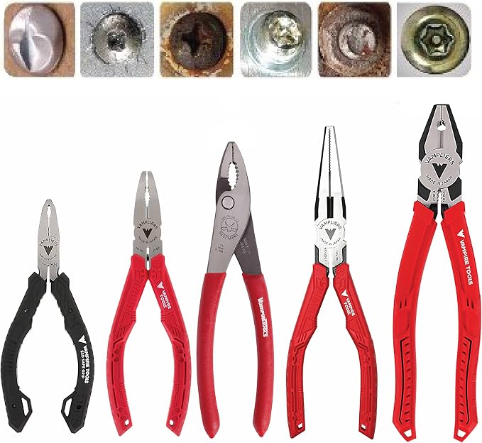 VAMPLIERS 5-Piece Screw Extractor Pliers Set. High Carbon Steel Stripped Screw Removal Tools. Made in Japan: 8" Linesman Pliers, 7.5" Long Nose, 7" Slip-Joint, 6.25" & 5" ESD Safe Grip Pliers.