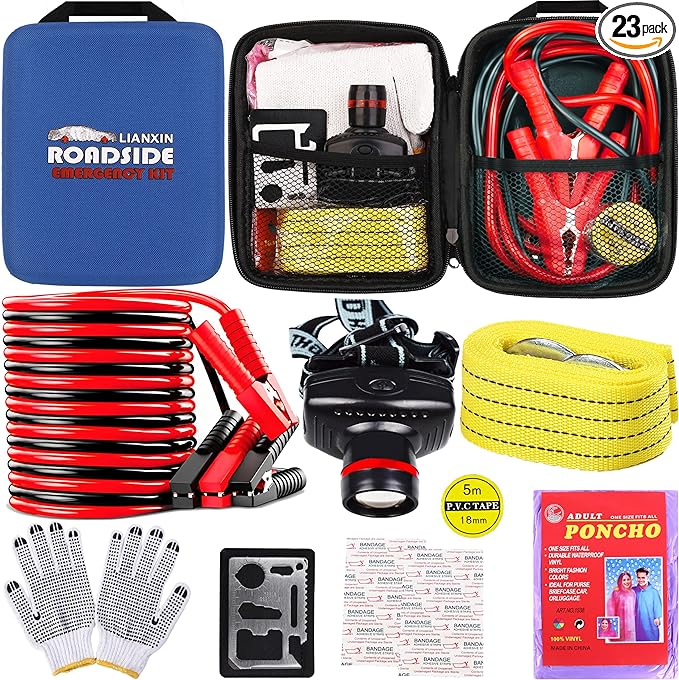 LIANXIN Car Roadside Emergency Kit, with Jumper Cables Automotive Kit,Car Safety Roadside Assistance Kit Headlamp,Tow Straps, Multi-Function Blades, Rainwear, Gloves.Blue