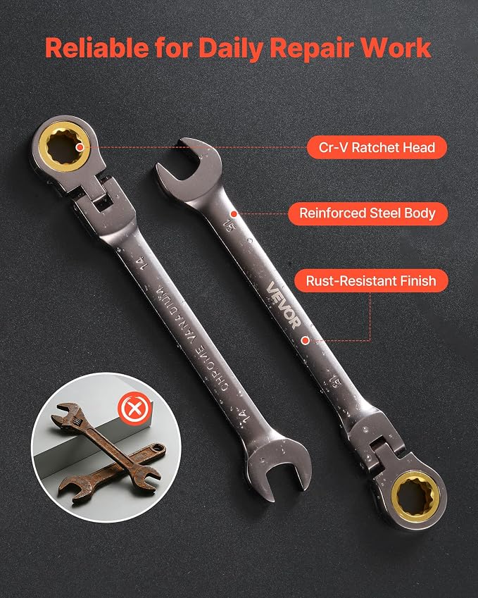 VEVOR 24-piece Ratcheting Wrench Set with 180° Flex Head, Anti-Slip Tooth, Combination Wrench Sets with Organizer Box, Metric 8-19mm & SAE 1/4-3/4", Nickel Plating