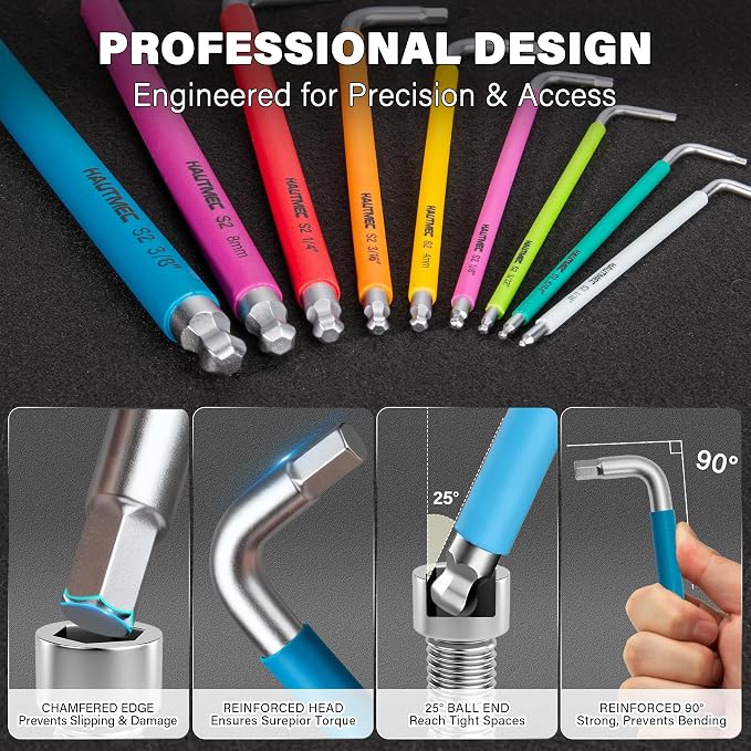 HAUTMEC Metric Allen Wrenches Sets with Ball End, 9PCS Extra Long Arm Hex Key Set, Heavy-Duty S2 Steel Pro Allen Key Set, 1.5-10mm, Color Coded Sleeve with Belt Loop Pouch for Professional Mechanics