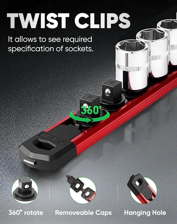 ALOANES 6PC Magnetic Tool Organizer Set - 36 Slot Screwdriver Holder & 42 Clip 3/8" Socket Rail, Heavy Duty Aluminum for Toolbox & Pegboard (Red)