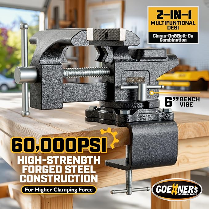 6-Inch Bench Vise, Vice for Workbench with Heavy Duty Forged Steel Construction, Built-in Pipe Jaw and Swivel Base, Table Vise for Woodworking, Home Workshop Use and DIY Job