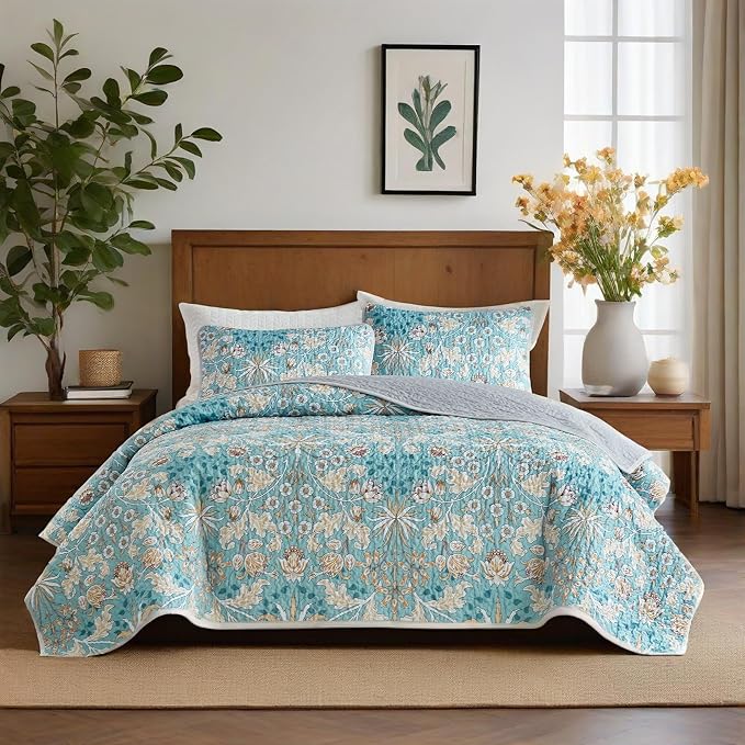 Quilts for Queen Bedding Set Teal Blue Bedspreads - Soft Lightweight Breathable Bedspread Comforter - Boho Cottagecore Flower Coverlet for All Season - 3 Pieces (New-Teal Blue, Queen)
