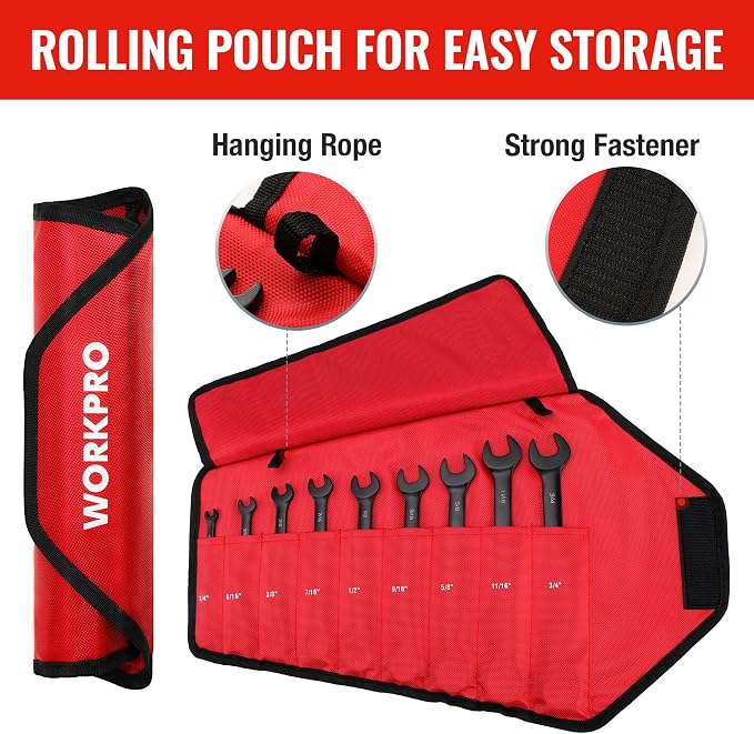 WORKPRO 9-Piece Anti-Slip Ratcheting Combination Wrench Set, SAE 1/4"-3/4" | 72-Teeth, Black Cr-V Wrenches Set with Roll Up Pouch, Anti-slip Wrenches for Automotive, Garage and Home Repairs