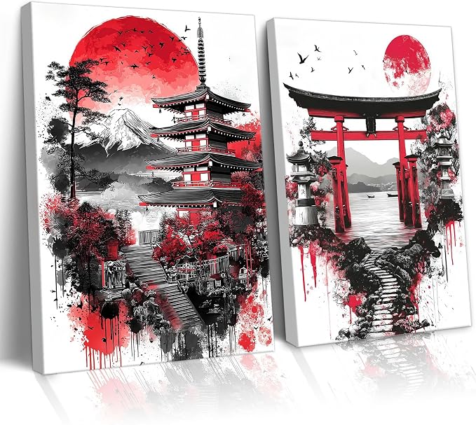 2Pcs Japanese Canvas Wall Art - Red Black Landscape Prints, Modern Minimalist Asian Oriental Decor, Ready to Hang,Framed