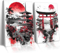 2Pcs Japanese Canvas Wall Art - Red Black Landscape Prints, Modern Minimalist Asian Oriental Decor, Ready to Hang,Framed