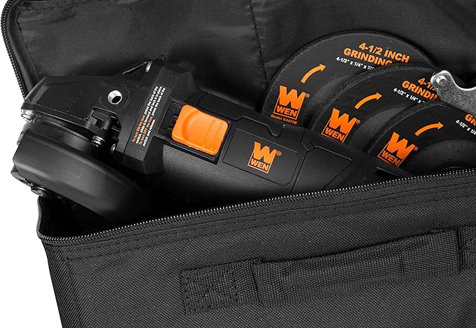 WEN 94475 7.5-Amp 4-1/2-Inch Angle Grinder with Reversible Handle, Three Grinding Discs, and Carrying Case, Black,orange