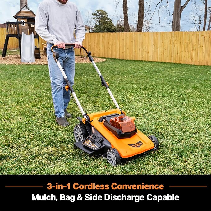 LawnMaster CLMF4821A Cordless Lawn Mower Brushless 48V MAX 21Inch 3-in-1 Function with 4X24V MAX 4.0Ah Battery and a Dual Charger