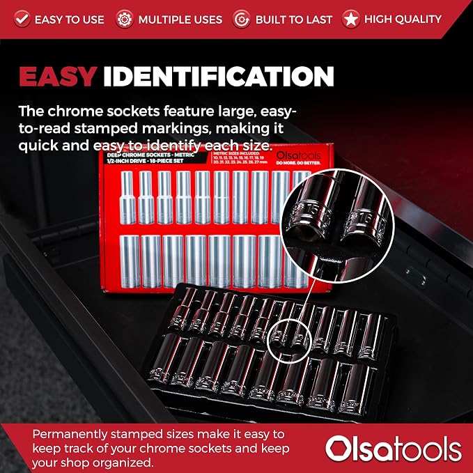 Olsa Tools 1/2-Inch Drive SAE Deep Socket Set - 18pc | 6-Point Chrome Vanadium Sockets, 10mm–27mm, No Skipped Sizes - Professional-Grade SAE Socket Sets - Part: 1325