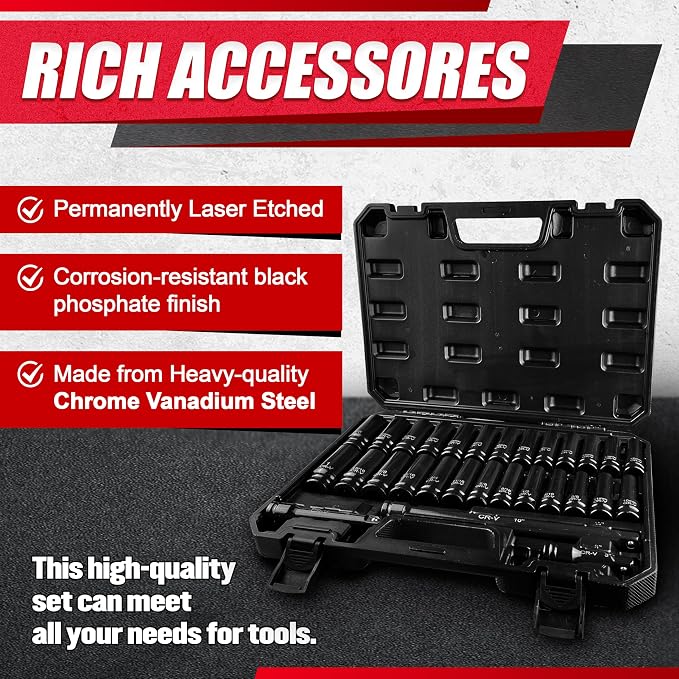 29pcs 1/2" Socket Set, Drive Deep Impact Socket Set, Including 3 ", 5", 10" Impact Extension Bar, Standard SAE (3/8 "- 1") and Metric (10mm-24mm), Cr-V Steel