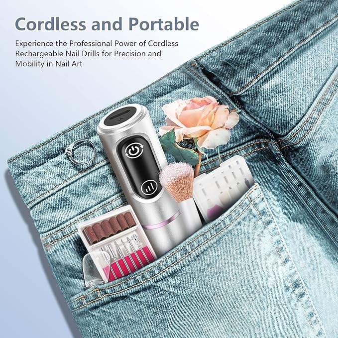 TUOBEO Cordless Nail Drill Electric Rechargeable File Kit, Professional Efile Acrylic Gel Nail Polish Remover Pedicure Manicure Machine Portable Set with 11 Bits 56 Sanding Bands for Salon Silver