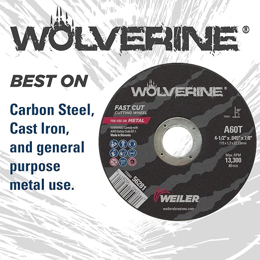 Weiler 56281 4-1/2 Inch Cutting Wheel, Wolverine AO Steel/Metal Fast Cutting, .045" A60T Type 1 7/8" Arbor, Pack of 25