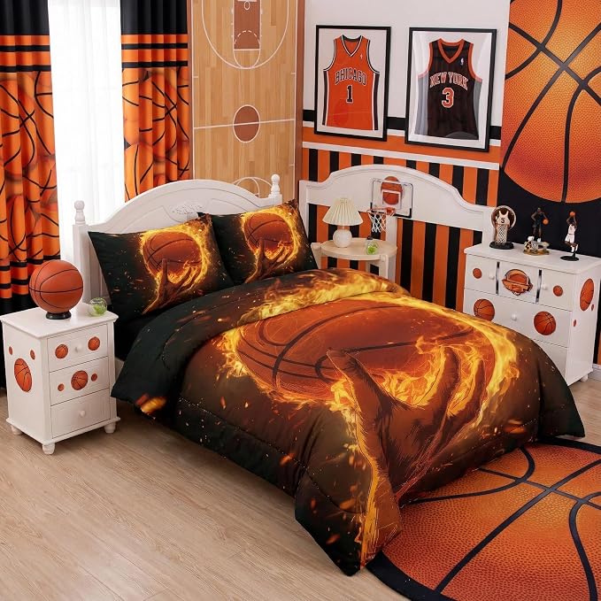 5 Pieces Basketball Comforter Full,Basketball with Fire Theme Sports Comforter Set Twin,Boys Bed Set with Sheets,Basketball Bedding Sets Full