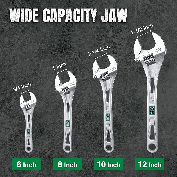SK 3-Piece Adjustable Wrench Set, 6", 8", 10", SAE & Metric Scales | X-Frame Handle, Precision Jaw, Heat Treated CR-V Steel, Chrome-Plated Rust Resistant Finish