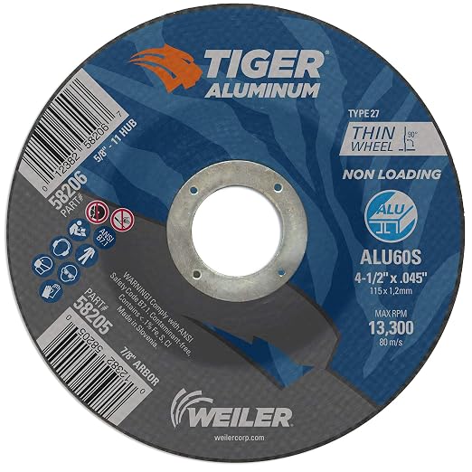 Weiler 58205 4-1/2 Inch Cutting Wheel, Tiger Aluminum Non-loading Contaminant-free High Performance Cutting, .045" ALU60S Type 27 7/8" Arbor, Pack of 25