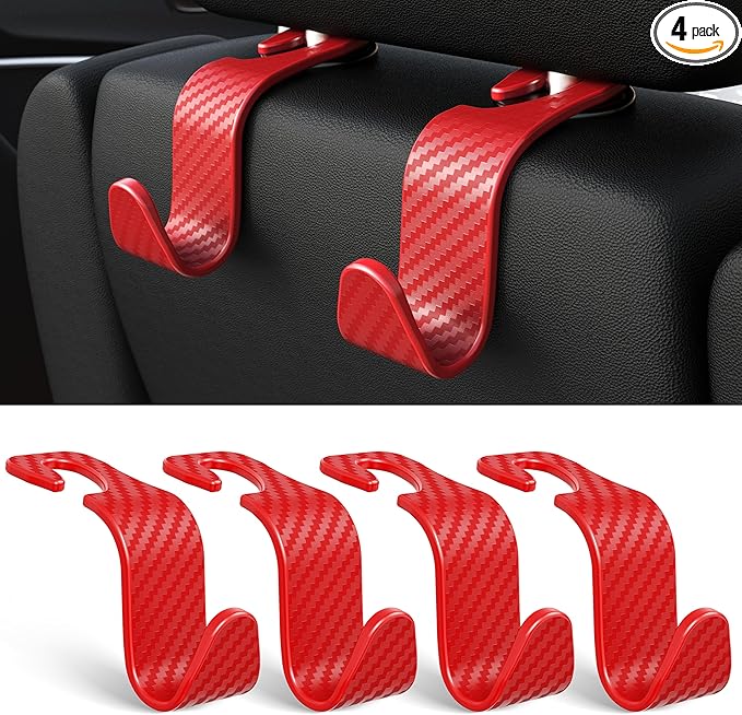 Amooca Car Seat Headrest Hook 4 Pack Hanger Universal Vehicle Car Storage Organizer for Handbag Purse Coat S Type Checkered Red
