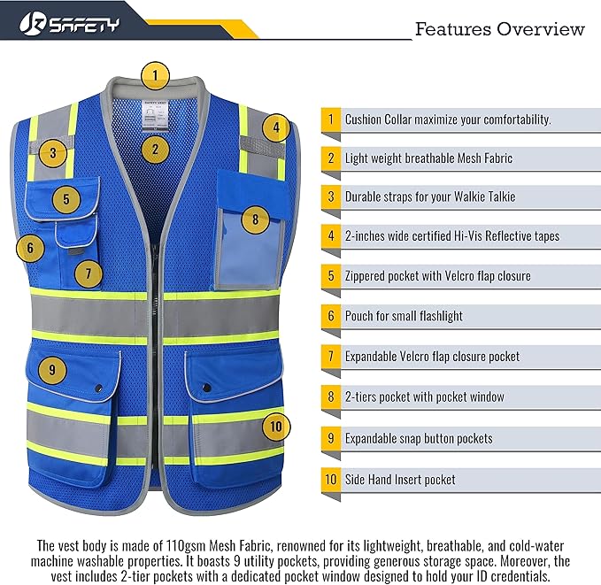 JKSafety 9 Pockets Hi-Vis Safety Vest Breathable Mesh Fabric Cushioned Collar Work Utility PPE Lightweight Industrial Work Gear ANSI/ISEA compliant (101-Blue XXL)