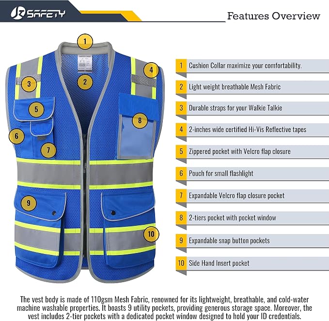 JKSafety 9 Pockets Hi-Vis Safety Vest Breathable Mesh Fabric Cushioned Collar Work Utility PPE Lightweight Industrial Work Gear ANSI/ISEA compliant (101-Blue XXL)