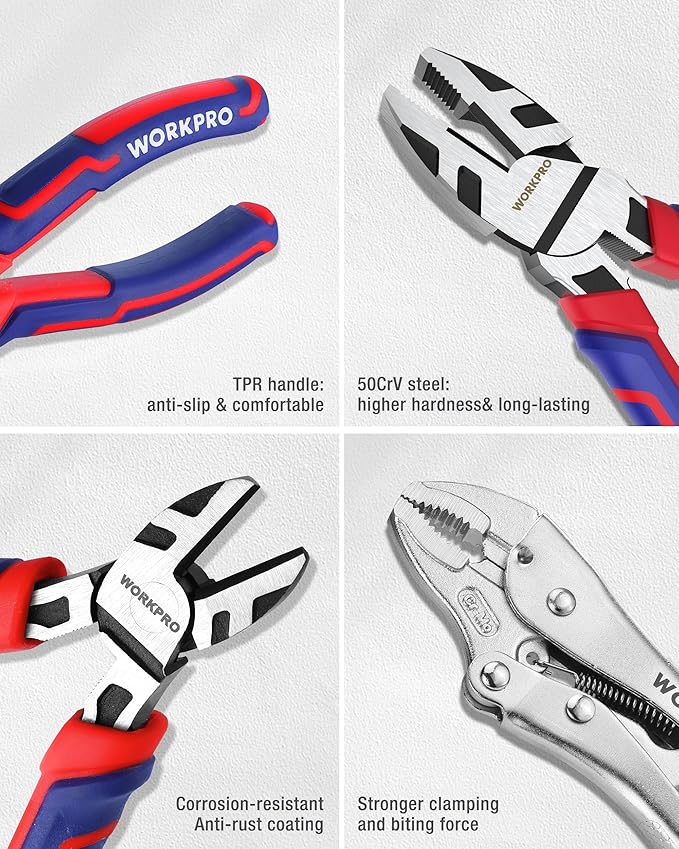WORKPRO Pliers & Wrench Set, 12-Piece Pliers Tool Set with Organizer, Include Needle Nose, Wire Cutter, Groove Joint, Slip Joint, Long Nose, Diagonal Plier, For Home & Garage, Father's Day Suitable