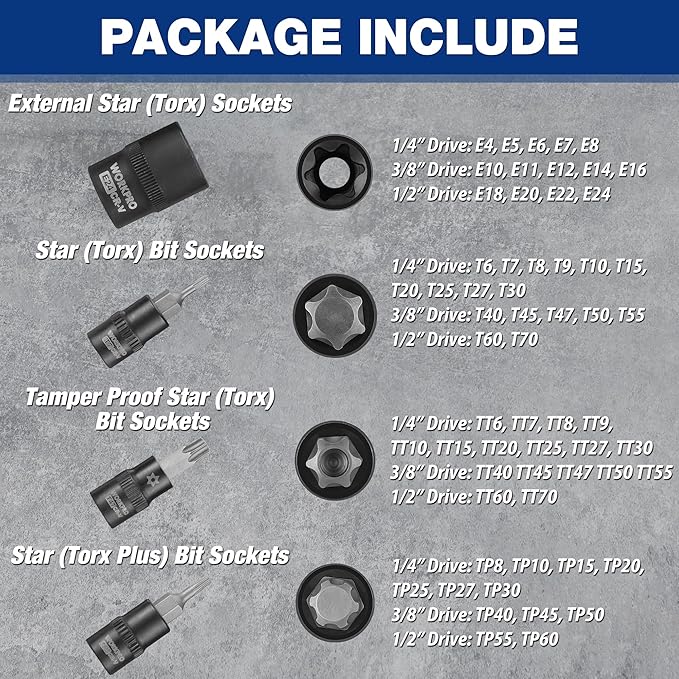 WORKPRO 60-piece Master Torx Bit Set,CR-V Torx Sockets & E Socket Set | 1/4", 3/8", 1/2" Drive Bits, E4-E24 e Socket Set, T6-T70 TT6-TT70, TP8-TP60 Torx Socket Set, S2 Steel Bits, CR-V Sockets