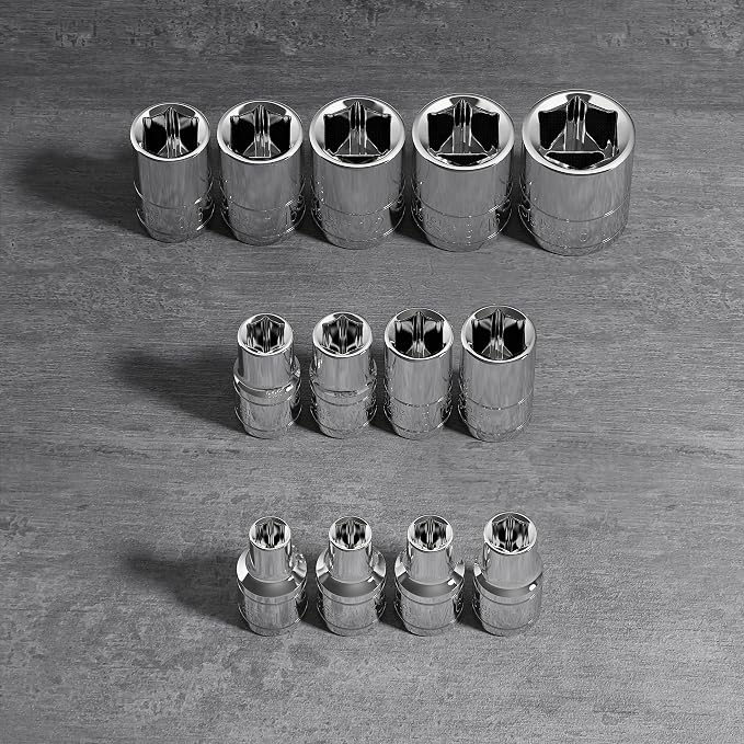 Olsa Tools 1/4-Inch Drive SAE Deep Socket Set - 13pc | 6-Point Chrome Vanadium Sockets, 1/8" to 5/8", No Skipped Sizes - Professional-Grade SAE Socket Sets - Part: 1330