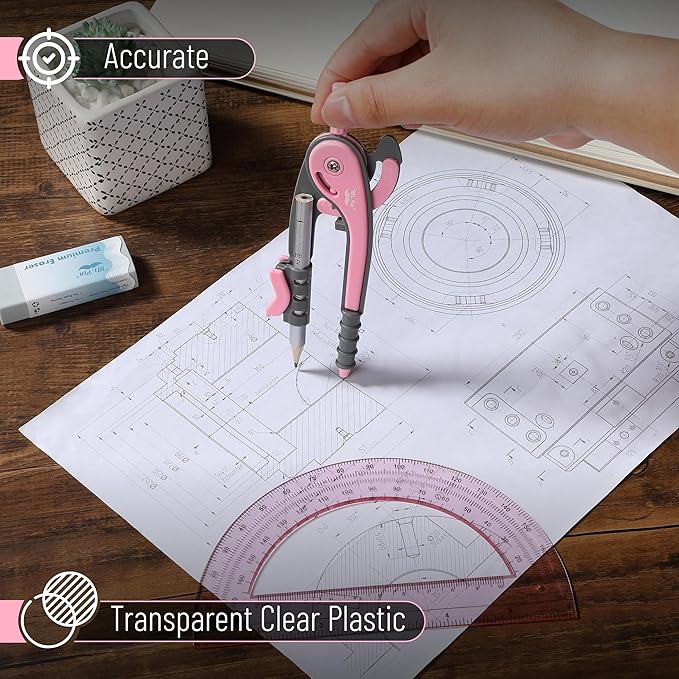 Mr. Pen- Geometry Compass and Protractor Set, 6 Inch Compass, 6 Inch Protractor, Drawing Tool for School, Clear Plastic, Easy Grip, Precision Design for Math, Art, Drafting, Architecture