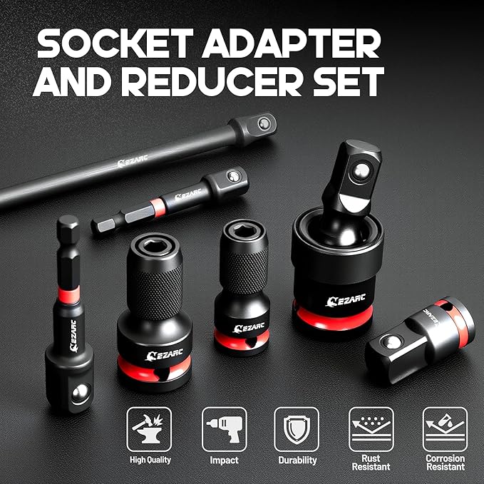 EZARC 21PCS Impact Socket Adapter Set with Swivel Joints and Couplers | 1/4", 3/8", 1/2" Drive, Hex Extension Bits, Universal Swivel Joints, Reducers, Impact Couplers, CR-MO and CR-V Steel, Tray