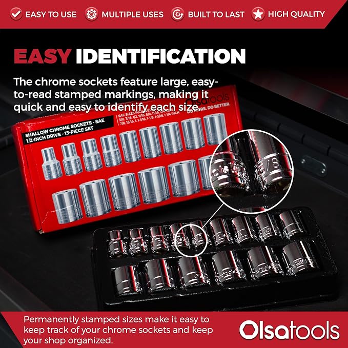 Olsa Tools 1/2-Inch Drive SAE Deep Socket Set - 18pc | 6-Point Chrome Vanadium Sockets, 3/8" to 1-1/4", No Skipped Sizes - Professional-Grade SAE Socket Sets - Part: 1324