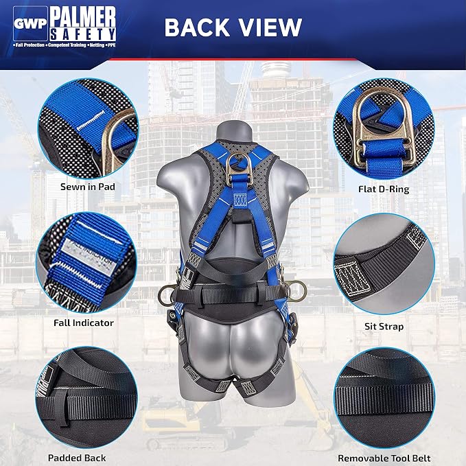 Fall Protection Hammerhead Kit I 5pt Safety Harness, 6' Double Leg Lanyard, 18" D-Ring Extender (Blue - XLG)