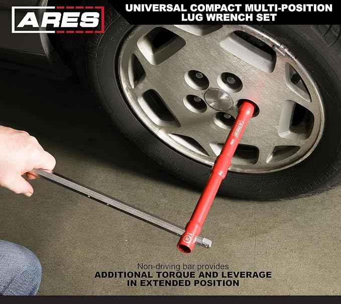 ARES 57000 Universal Lug Wrench Set, 17/19/21mm Sockets, 26-In | 26-Inch length; unique 1/2-Inch drive socket adapter end; compact design with storage pouch.