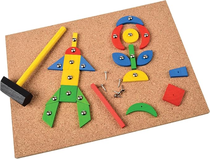 Hammer & Nail Design Kit – Montessori STEM Engineering & Geometry Building Set with 60 Wooden Tiles, Tacks, Hammer & Reusable Cork Board