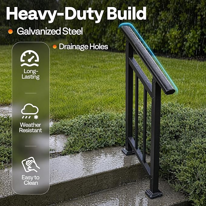 Hand Rails for Outdoor Steps，Stair Handrail & Indoor Stair Railing Kit，Railings for Outdoor Steps for Fence & Outdoor Steps (2, Black-with Balusters, 2 Step)