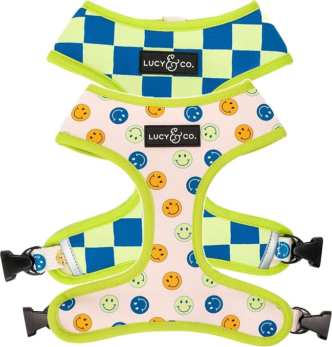 Lucy & Co. Reversible Dog Harness - Water-Repellent Neoprene, Dual-Print Design, Easy Swap Style, Adjustable Comfort Fit - Have a Nice Day Reversible Harness - Large